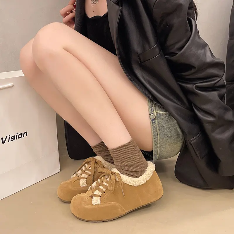 Women's Fashion Flat Cotton Boots Winter New Round Head Suede Front Lacing Soft Soles Non-slip Low-top Shoes