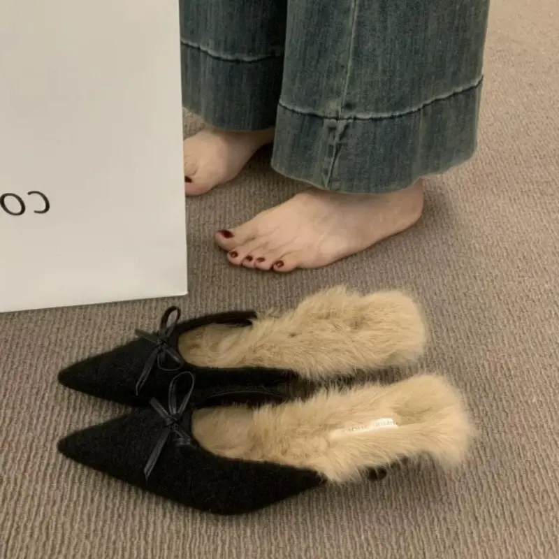 Women's Baotou Slippers Winter New Pointed Head Shallow Mouth Butterfly Knot Anti-slip Wear-resistant Cotton Shoes