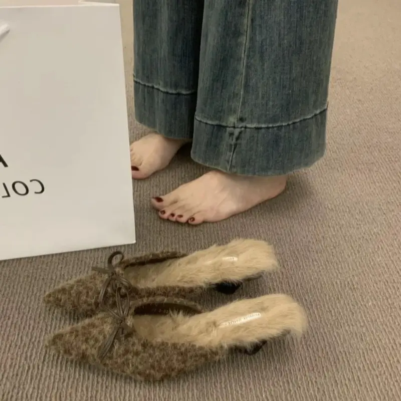 Women's Baotou Slippers Winter New Pointed Head Shallow Mouth Butterfly Knot Anti-slip Wear-resistant Cotton Shoes