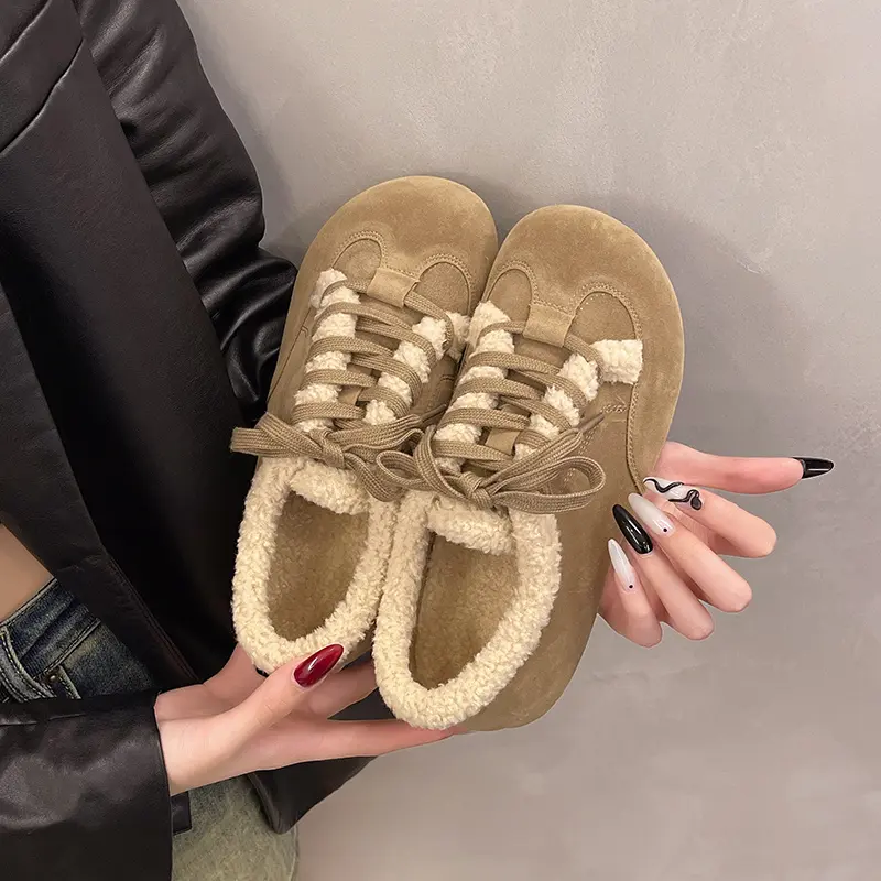 Women's Fashion Flat Cotton Boots Winter New Round Head Suede Front Lacing Soft Soles Non-slip Low-top Shoes