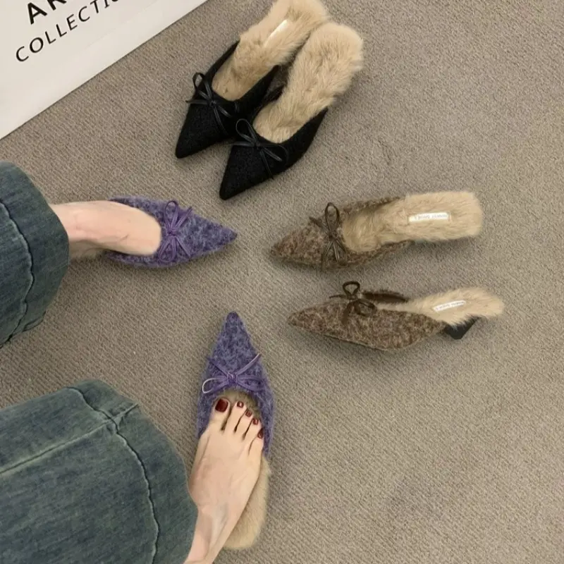 Women's Baotou Slippers Winter New Pointed Head Shallow Mouth Butterfly Knot Anti-slip Wear-resistant Cotton Shoes
