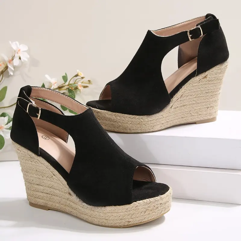 Slope Heel Sandals Summer New Round Head Open Toe Hollow Metal Buckle Waterproof Platform Non-slip Fish Mouth Heels