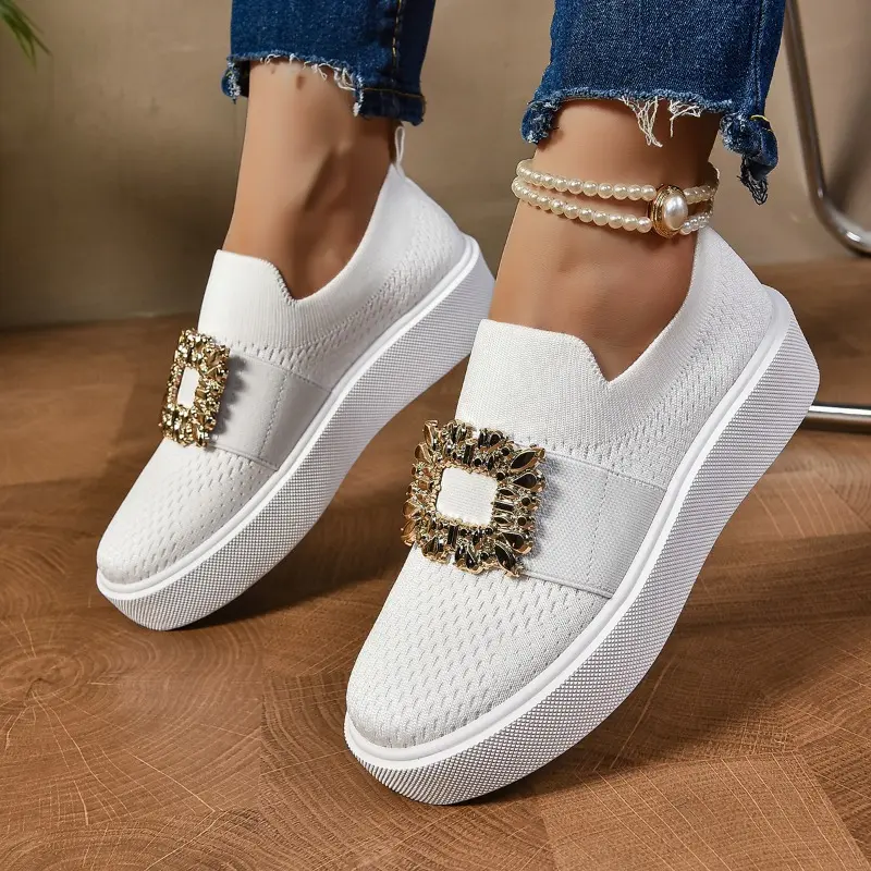 Women's Fashion Flat Shoes Autumn New Round Head Deep Mouth Knitted Breathable Diamond Buckle Low Top Shoes