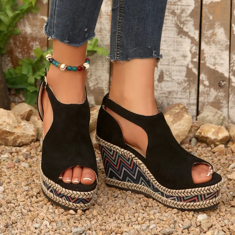 Slope Heel Sandals Summer New Round Head Open Toe Hollow Metal Buckle Waterproof Platform Non-slip Fish Mouth Heels