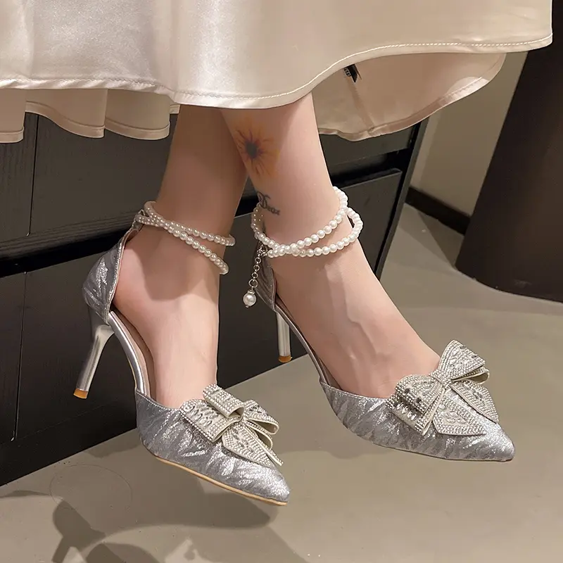 Temperament High Heels Women Summer New Pointed Toe Shallow Mouth Rhinestone Bow Beaded Non-slip Stiletto Sandals