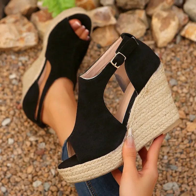 Slope Heel Sandals Summer New Round Head Open Toe Hollow Metal Buckle Waterproof Platform Non-slip Fish Mouth Heels