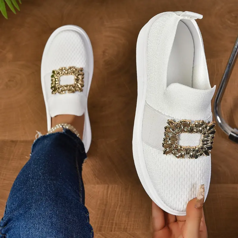 Women's Fashion Flat Shoes Autumn New Round Head Deep Mouth Knitted Breathable Diamond Buckle Low Top Shoes