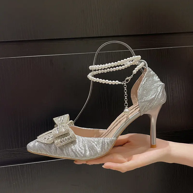 Temperament High Heels Women Summer New Pointed Toe Shallow Mouth Rhinestone Bow Beaded Non-slip Stiletto Sandals
