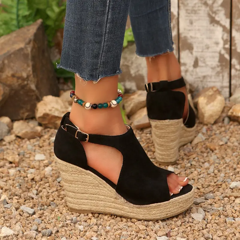 Slope Heel Sandals Summer New Round Head Open Toe Hollow Metal Buckle Waterproof Platform Non-slip Fish Mouth Heels