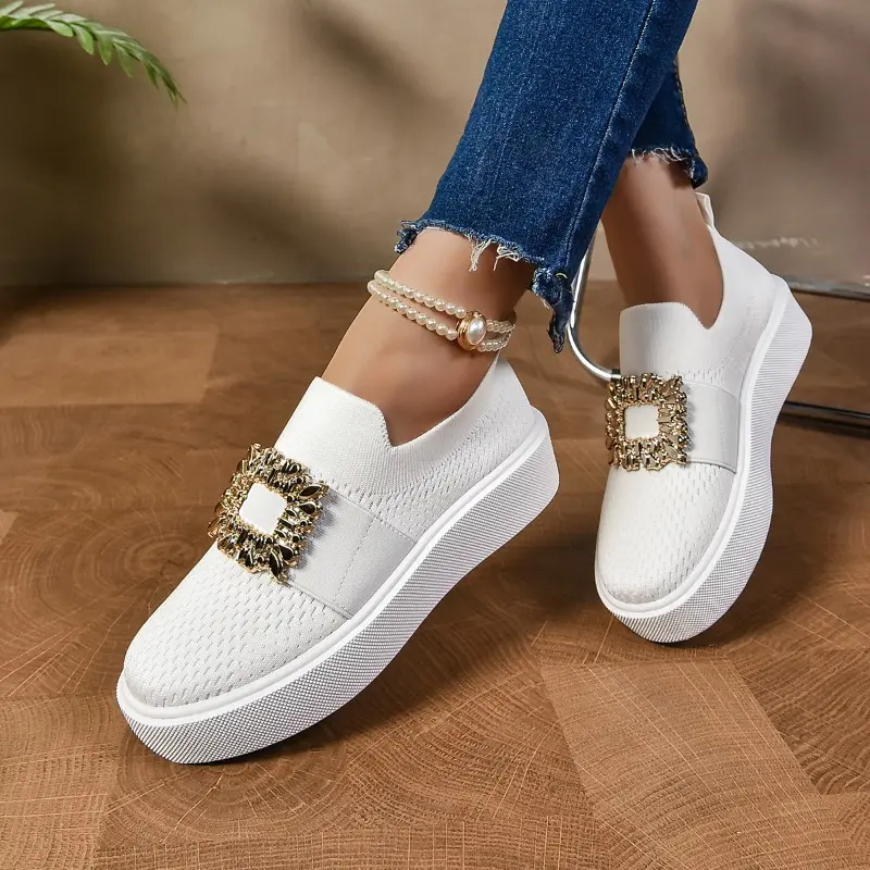 Women's Fashion Flat Shoes Autumn New Round Head Deep Mouth Knitted Breathable Diamond Buckle Low Top Shoes