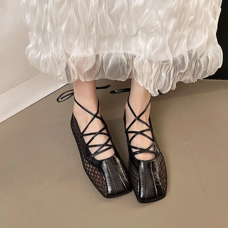 Square Toe Cross Lace-up Mary Jane Shoes Women's Spring and Autumn Explosive Shallow Mouth Soft Sole Flat Single Shoes