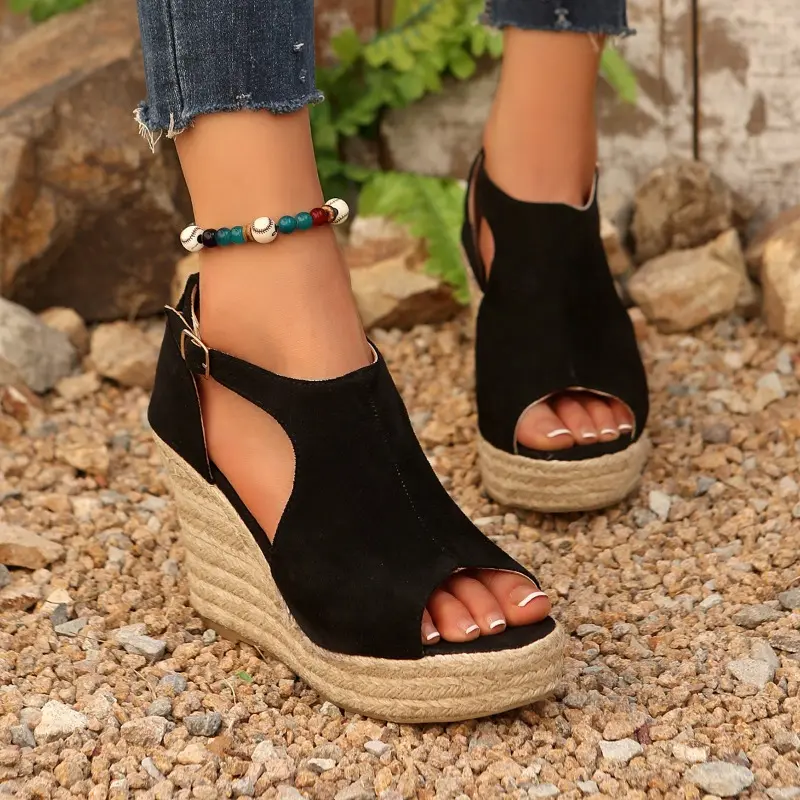 Slope Heel Sandals Summer New Round Head Open Toe Hollow Metal Buckle Waterproof Platform Non-slip Fish Mouth Heels