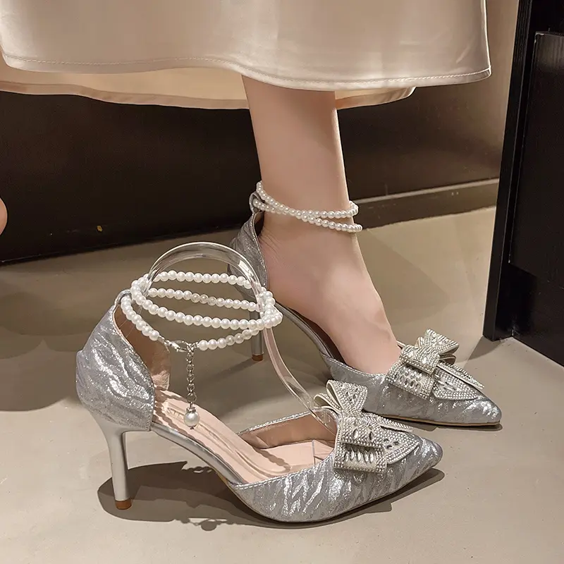 Temperament High Heels Women Summer New Pointed Toe Shallow Mouth Rhinestone Bow Beaded Non-slip Stiletto Sandals