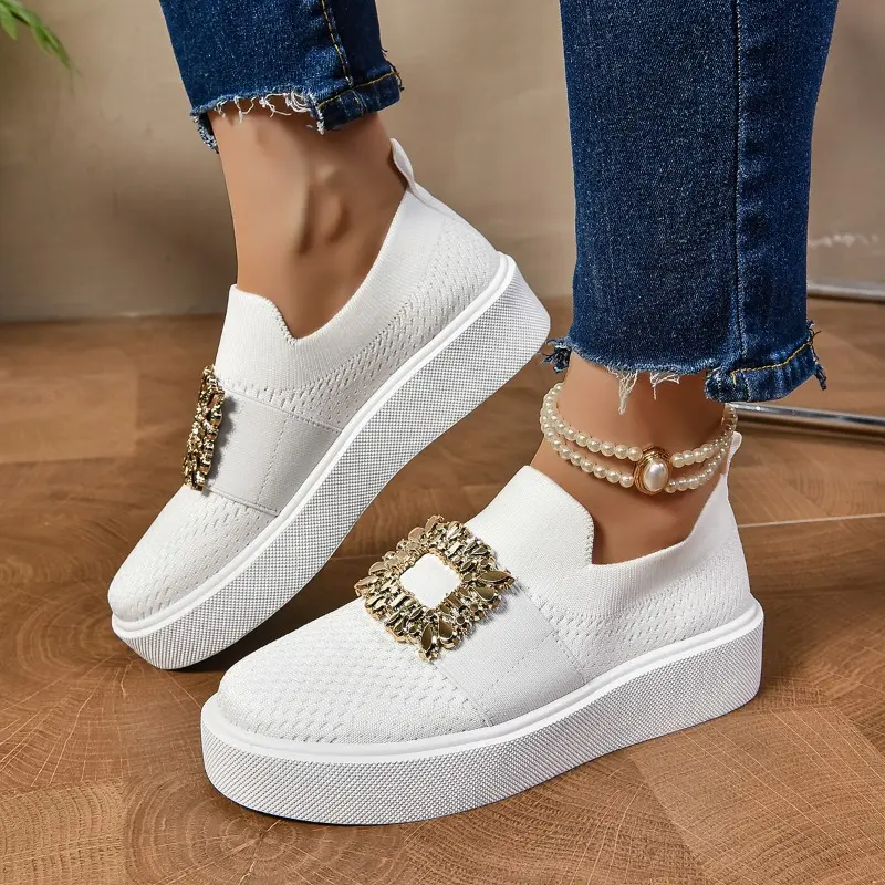 Women's Fashion Flat Shoes Autumn New Round Head Deep Mouth Knitted Breathable Diamond Buckle Low Top Shoes