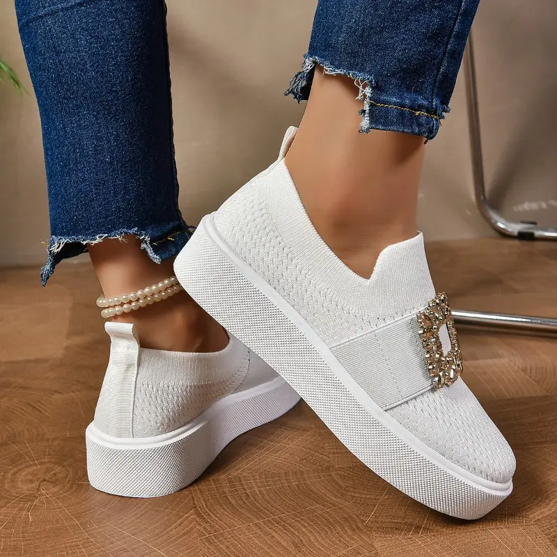 Women's Fashion Flat Shoes Autumn New Round Head Deep Mouth Knitted Breathable Diamond Buckle Low Top Shoes