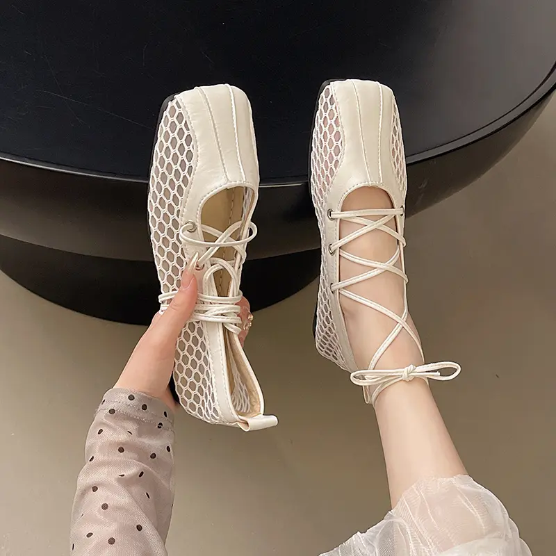 Square Toe Cross Lace-up Mary Jane Shoes Women's Spring and Autumn Explosive Shallow Mouth Soft Sole Flat Single Shoes
