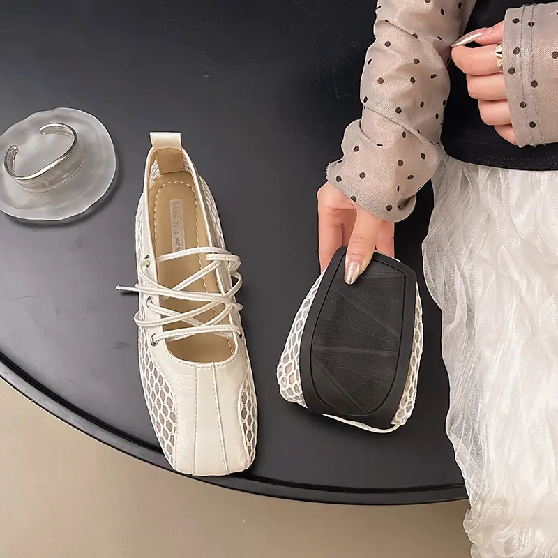 Square Toe Cross Lace-up Mary Jane Shoes Women's Spring and Autumn Explosive Shallow Mouth Soft Sole Flat Single Shoes