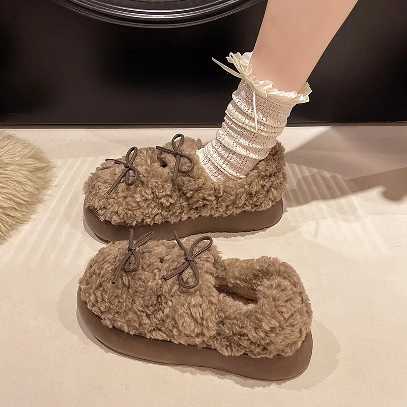Winter New Flat Shoes Women's Fashion Round Head Suede Butterfly Knot Soft Sole Non-slip Thick Sole Woolen Shoes