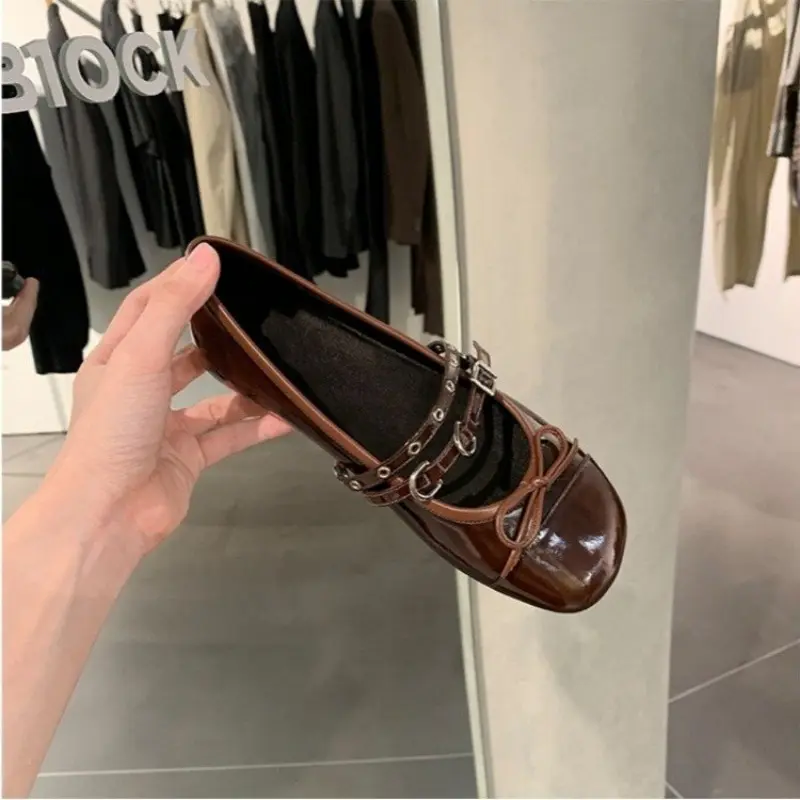 Women's Flat Shoes Fall New Square Head Shallow Mouth Butterfly Knot Rivet Soft Sole Non-slip Low Top Single Shoes