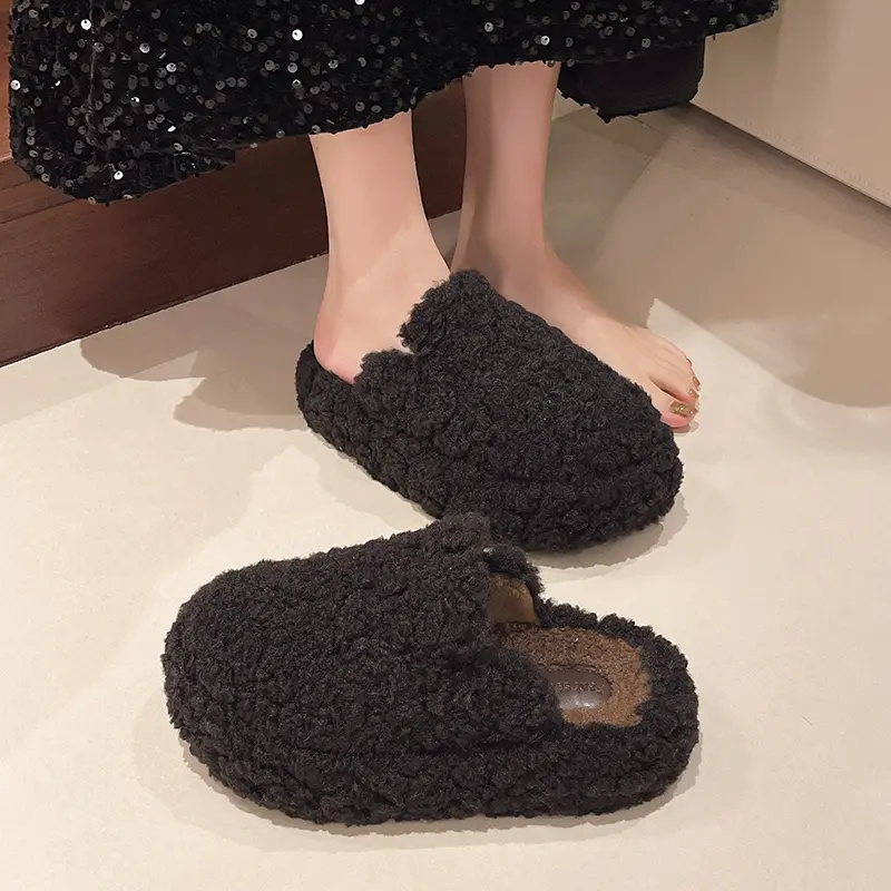 Winter New Baotou Slippers Women's Fashion Round Head Deep Mouth Suede Thick Soles Anti-slip Wear-resistant Flat Shoes