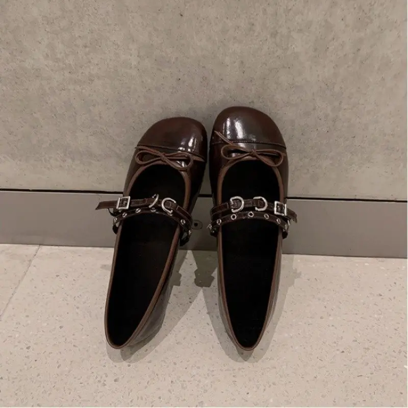Women's Flat Shoes Fall New Square Head Shallow Mouth Butterfly Knot Rivet Soft Sole Non-slip Low Top Single Shoes