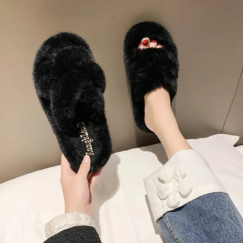 Winter new flat fluffy slippers women's fashion round head open toe suede thick bottom comfortable cotton drag