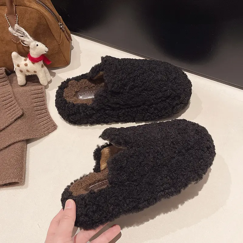 Winter New Baotou Slippers Women's Fashion Round Head Deep Mouth Suede Thick Soles Anti-slip Wear-resistant Flat Shoes