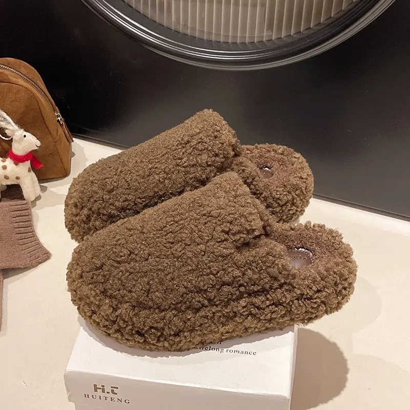 Winter New Baotou Slippers Women's Fashion Round Head Deep Mouth Suede Thick Soles Anti-slip Wear-resistant Flat Shoes