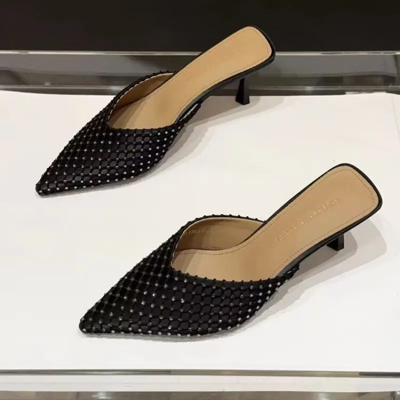 Stiletto Sandals Spring New Pointed Head Shallow Mouth Rhinestone Grid Set Foot Anti-slip Wear-resistant High Heels