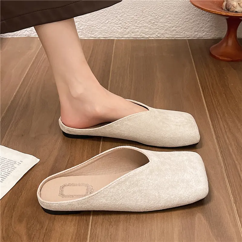 Spring New Baotou Slippers Women's Fashion Square Head Deep Mouth Suede Soft Sole Anti-slip Wear-resistant Flat Shoes