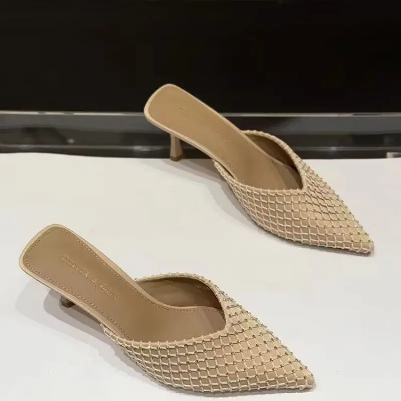 Stiletto Sandals Spring New Pointed Head Shallow Mouth Rhinestone Grid Set Foot Anti-slip Wear-resistant High Heels