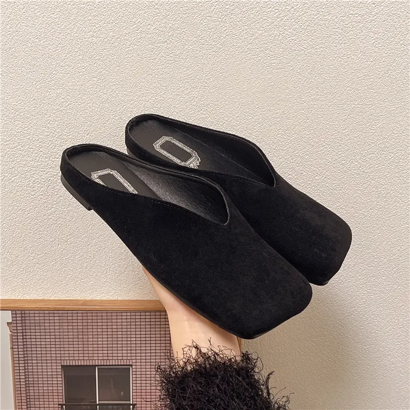 Spring New Baotou Slippers Women's Fashion Square Head Deep Mouth Suede Soft Sole Anti-slip Wear-resistant Flat Shoes