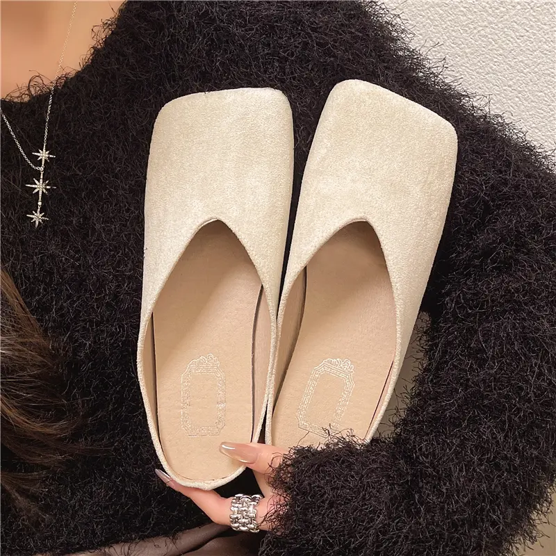Spring New Baotou Slippers Women's Fashion Square Head Deep Mouth Suede Soft Sole Anti-slip Wear-resistant Flat Shoes