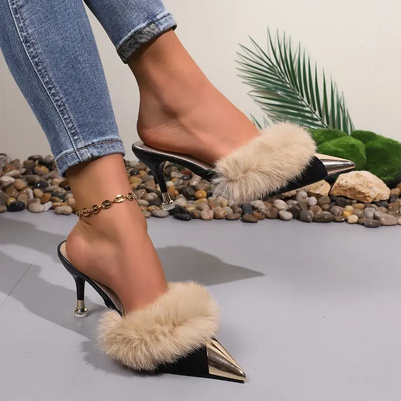 Women's Slipper Spring New Metal Pointed Shallow Mouth Suede Anti-slip Wear-resistant Plush High Heels