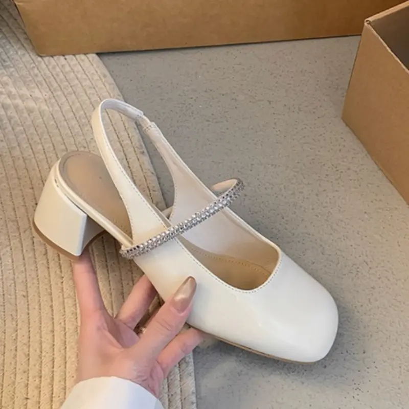 Square Heel Sandals Women's Fashion Square Head Shallow Mouth Glitter Thin Belt Anti-slip and Wear Heel Shoes