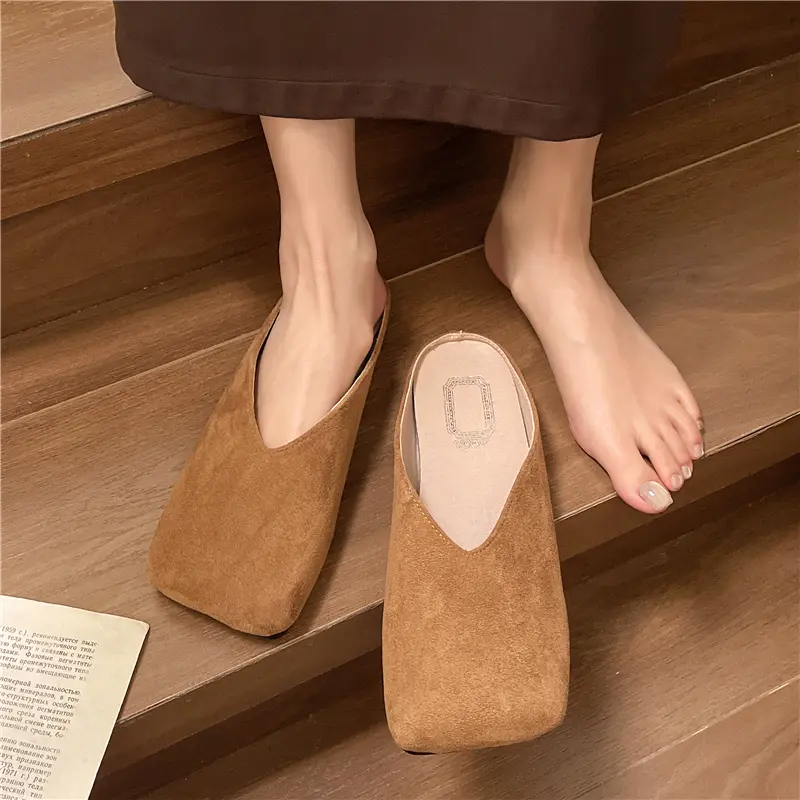 Spring New Baotou Slippers Women's Fashion Square Head Deep Mouth Suede Soft Sole Anti-slip Wear-resistant Flat Shoes