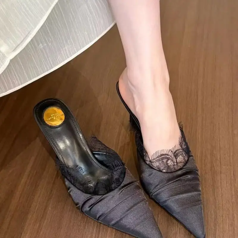 Spring New Baotou Slippers Women Fashion Pointy Folds Lace Shallow Mouth Slip-on Anti-slip Wear-resistant High Heels