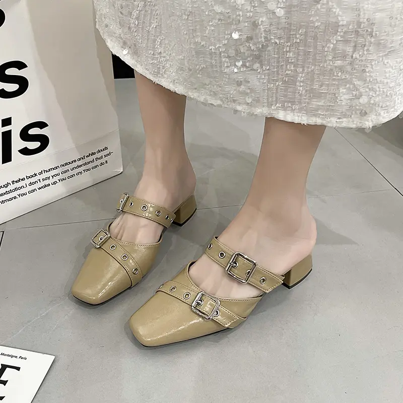 Women's Fashion Baotou Slippers Spring New Style Square Head Shallow Mouth Rivet Metal Buckle Non-slip Sandals