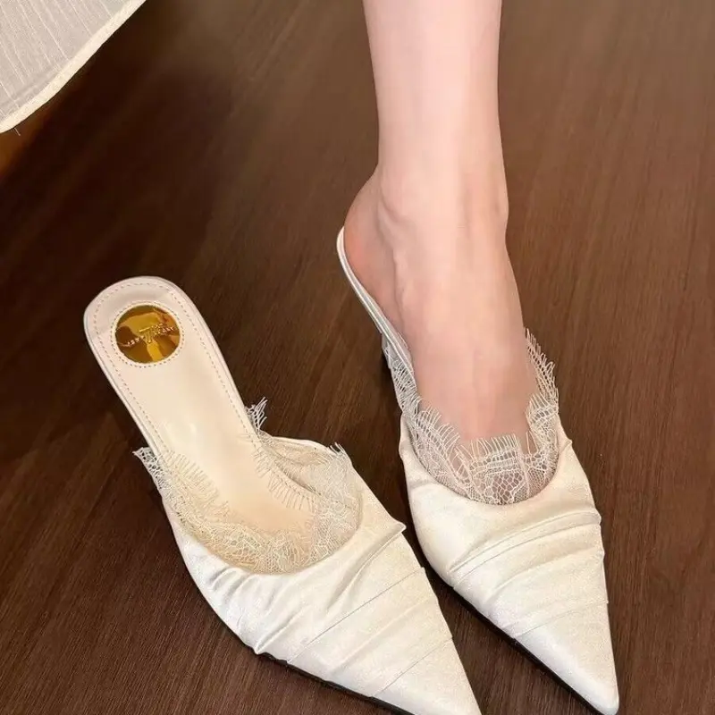 Spring New Baotou Slippers Women Fashion Pointy Folds Lace Shallow Mouth Slip-on Anti-slip Wear-resistant High Heels