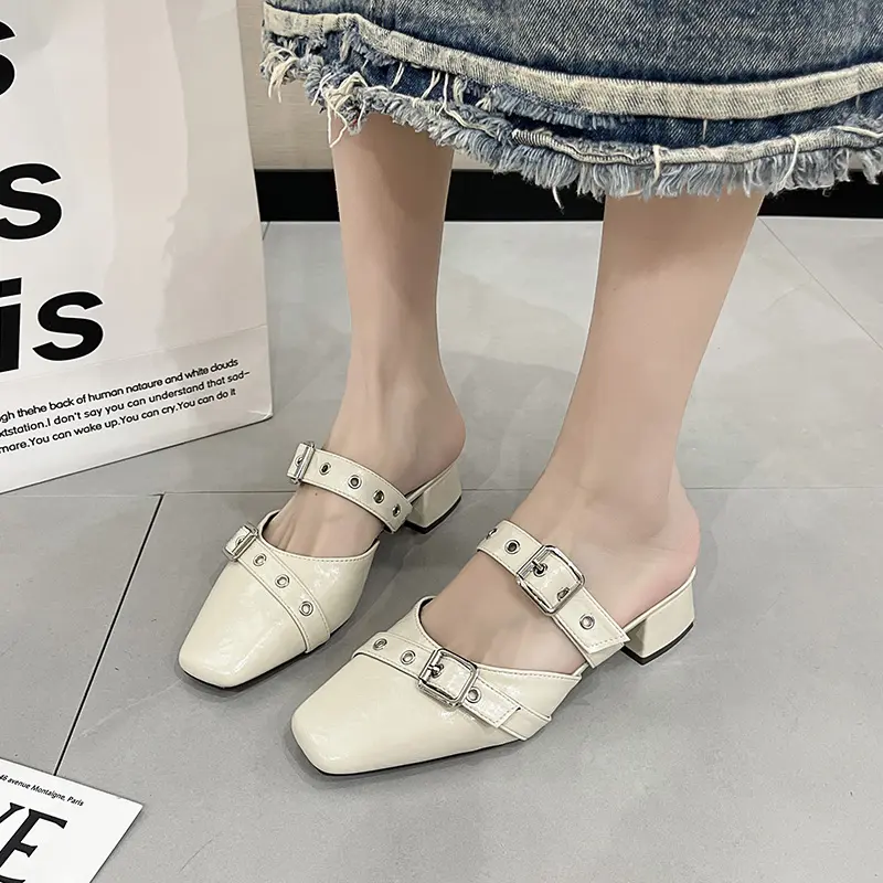 Women's Fashion Baotou Slippers Spring New Style Square Head Shallow Mouth Rivet Metal Buckle Non-slip Sandals