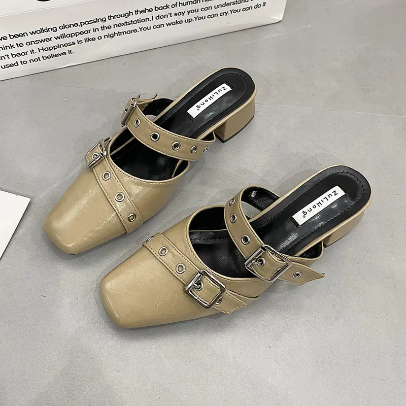 Women's Fashion Baotou Slippers Spring New Style Square Head Shallow Mouth Rivet Metal Buckle Non-slip Sandals