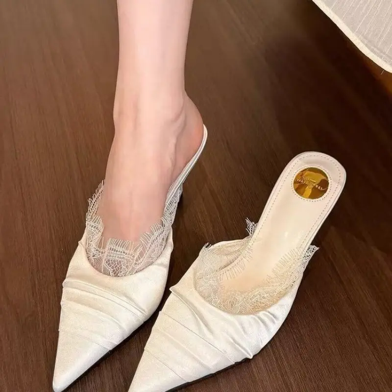 Spring New Baotou Slippers Women Fashion Pointy Folds Lace Shallow Mouth Slip-on Anti-slip Wear-resistant High Heels