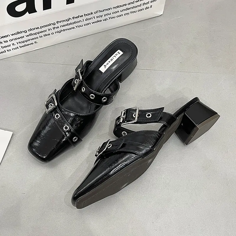 Women's Fashion Baotou Slippers Spring New Style Square Head Shallow Mouth Rivet Metal Buckle Non-slip Sandals