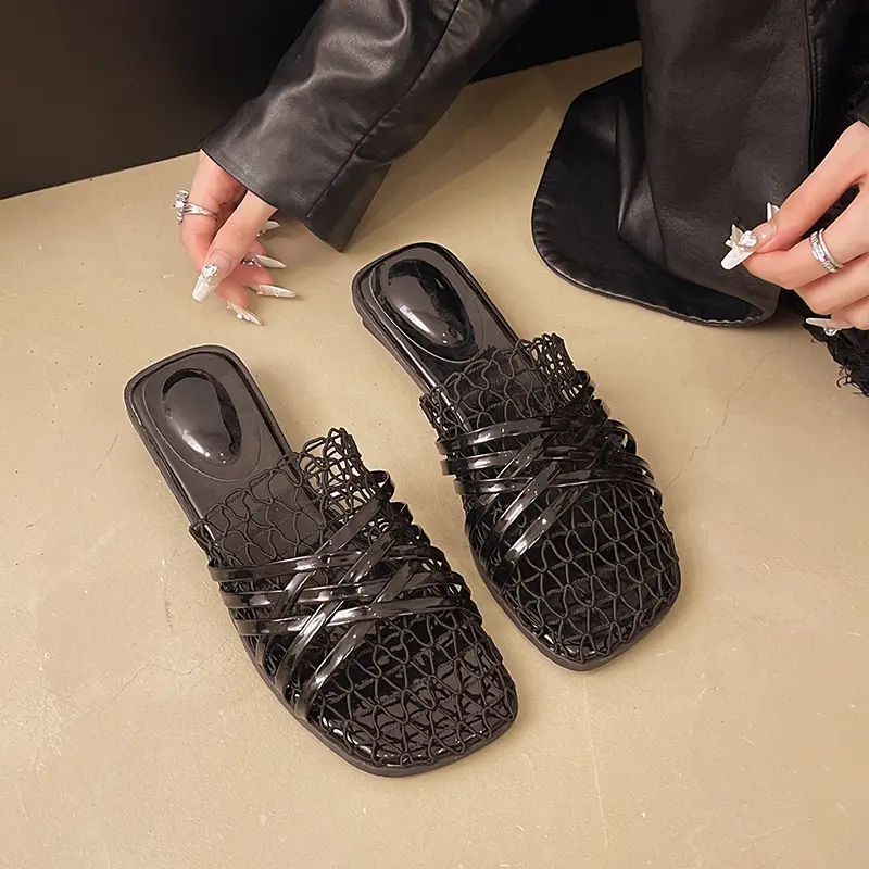 Mesh Breathable Bag Slippers Summer New Square Toe Deep Mouth Crossover Flats with Soft Sole and Anti-Slide Heel