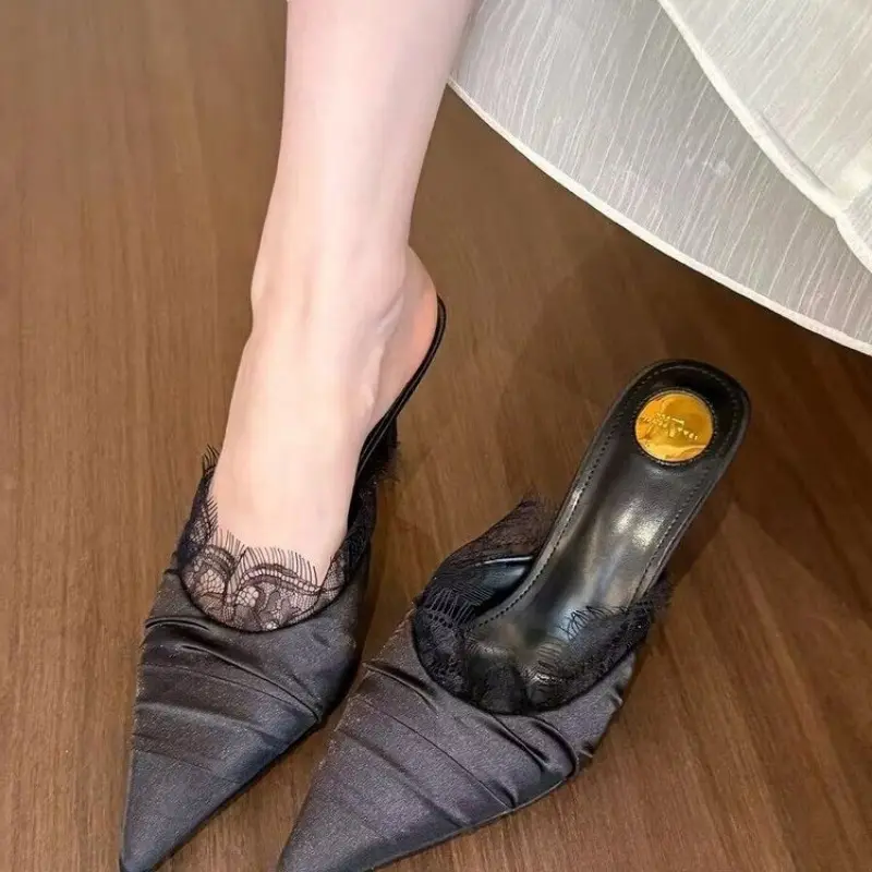 Spring New Baotou Slippers Women Fashion Pointy Folds Lace Shallow Mouth Slip-on Anti-slip Wear-resistant High Heels