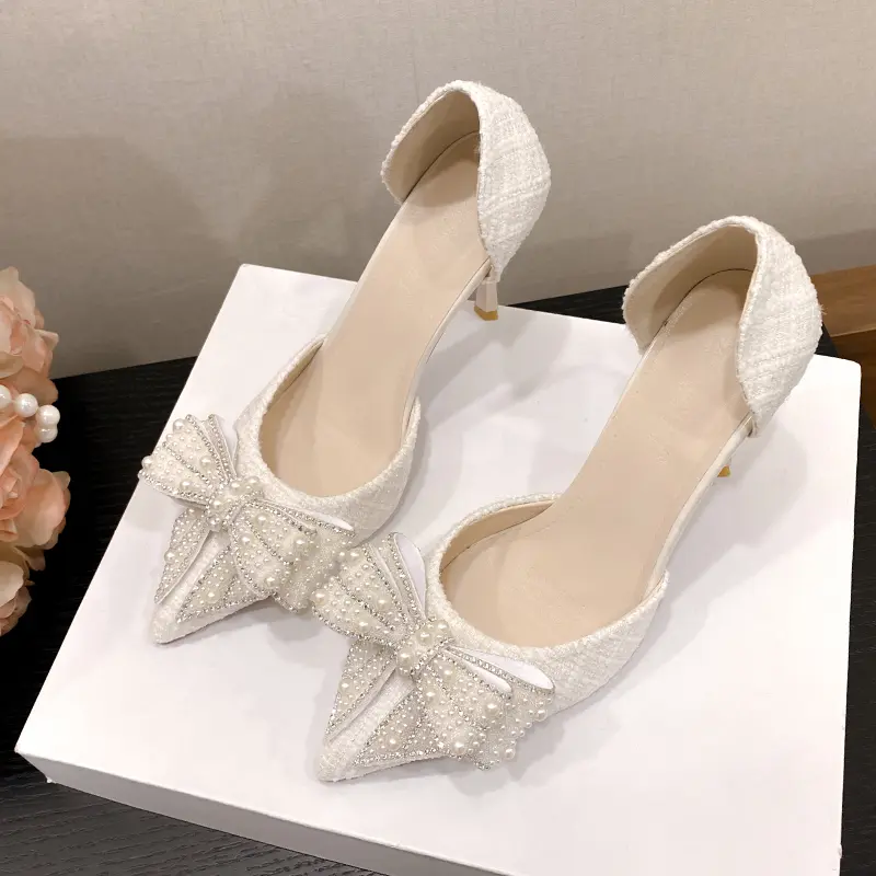 Temperament High Heels Women Fashion Pointed Head Shallow Mouth Cloth Surface Butterfly Knot Set Foot Non-slip Sandals