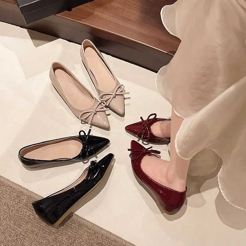 New French Bow Pointed Toe Single Shoes Fall New Fashion Shallow Mouth Cover Foot Soft Sole Inside Heightening Flats