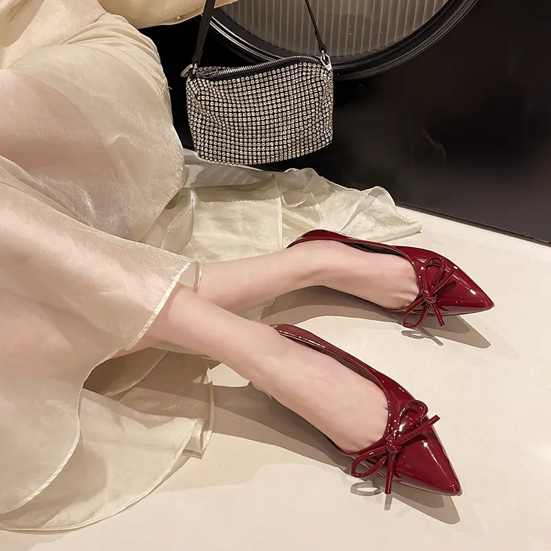 New French Bow Pointed Toe Single Shoes Fall New Fashion Shallow Mouth Cover Foot Soft Sole Inside Heightening Flats
