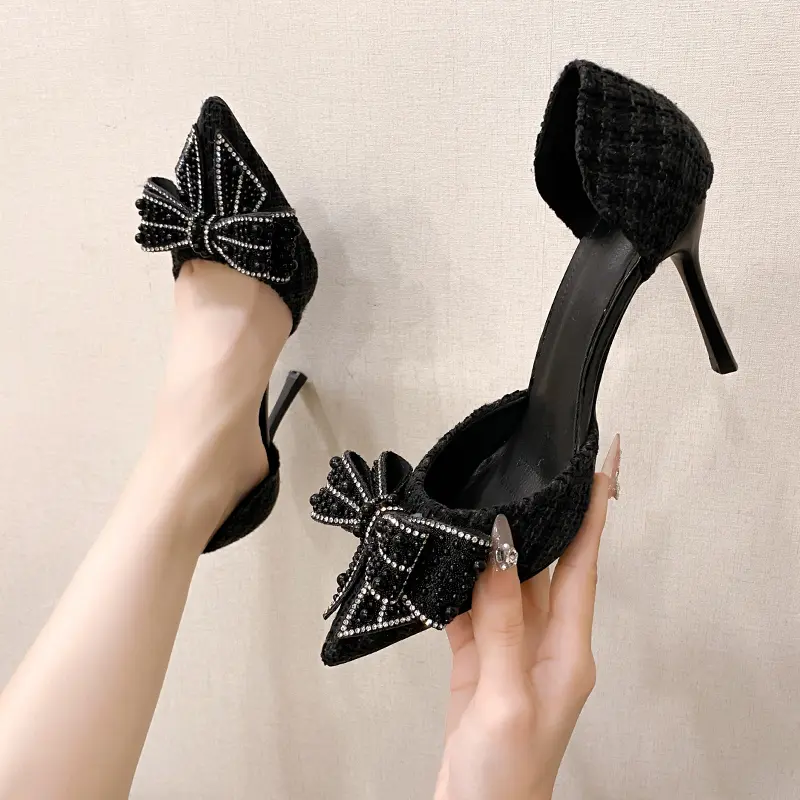 Temperament High Heels Women Fashion Pointed Head Shallow Mouth Cloth Surface Butterfly Knot Set Foot Non-slip Sandals