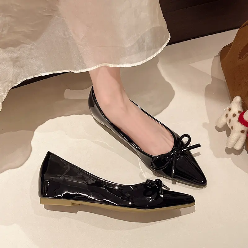 New French Bow Pointed Toe Single Shoes Fall New Fashion Shallow Mouth Cover Foot Soft Sole Inside Heightening Flats